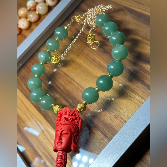 JADE AVENTURINE + CINNABAR BUDDAS HEAD NATURAL STONES CHOKER NECKLACE - Picture 3 of 9